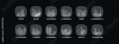 USA, American cities icons with glass, liquid effect. Set of cityscapes for interface design. Vector Austin, Dallas, Miami, Washington, Philadelphia, New Orleans skylines