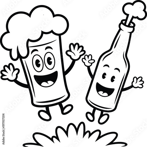 Cartoon beer mug and beer bottle characters jumping for joy