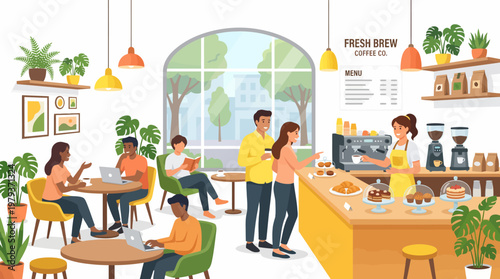 A vibrant and cozy coffee shop interior filled with diverse customers enjoying their drinks and working on laptops, surrounded by lush green plants and warm lighting.