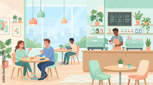 A bright and airy coffee shop interior with patrons enjoying their drinks and conversations, and a barista preparing beverages behind the counter.