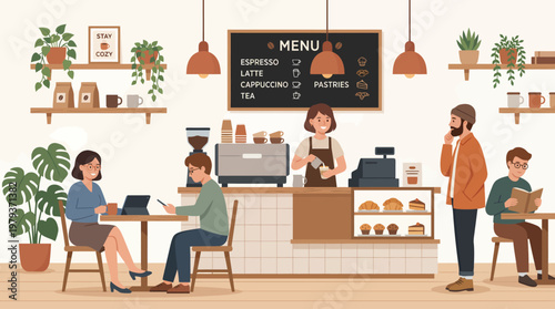 A cozy coffee shop scene with customers enjoying drinks and pastries, served by a friendly barista.