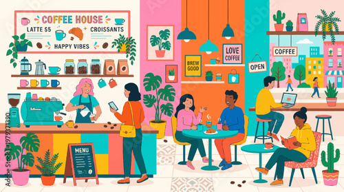 Vibrant illustration of a bustling coffee house with people enjoying drinks, working, and socializing in a colorful urban setting.