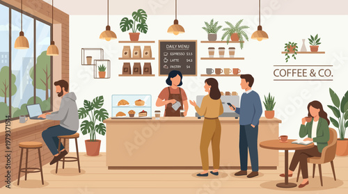 A cozy coffee shop interior with customers ordering and enjoying drinks and pastries, bathed in natural light from large windows.