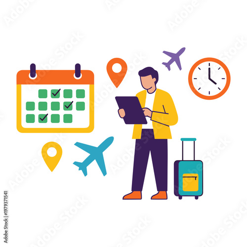 Man planning travel with laptop and luggage near calendar clock