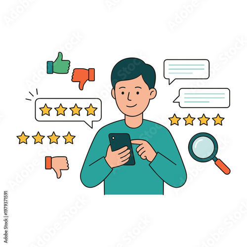 A man reviews a service on his phone with rating stars and feedback icons.