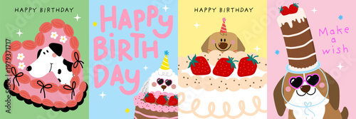 Happy birthday greeting card with cute dog, party hat, strawberry and chocolate cake. Animal cartoon characters in party. -Vector