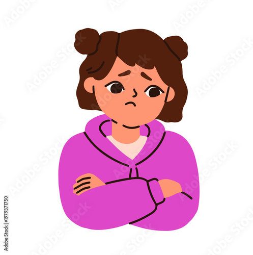 Upset girl with arms crossed, sad unhappy face expression, worried look. Frustrated disappointed child character in trouble. Negative emotion. Flat vector illustration isolated on white background