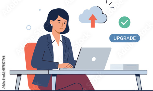 Woman sits working on laptop at modern office desk with upgrade cloud