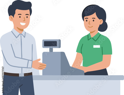 Customer and cashier interacting at checkout counter in store