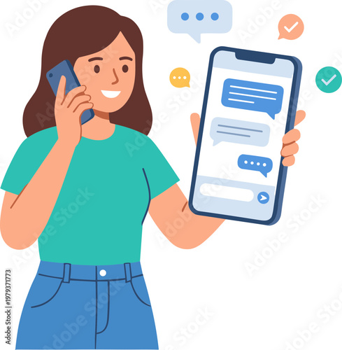 Woman talks on phone while holding smartphone with chat bubbles