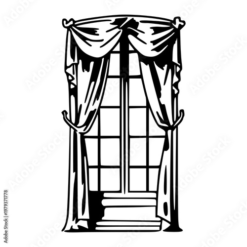 classic window with elegant draped curtains sketch illustration