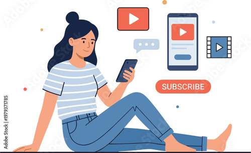 A woman sits on the floor with a phone and watches videos on her device with various media icons floating around her.