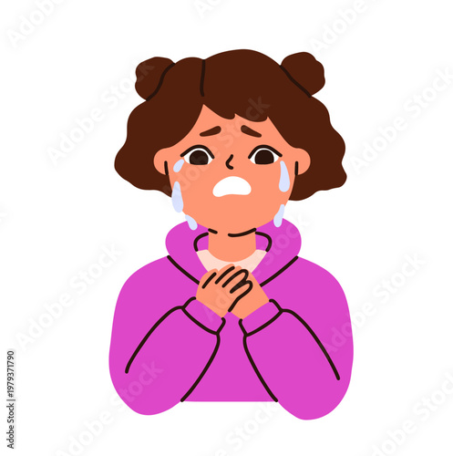 Crying girl, tears outburst. Upset kid weeping, sobbing, teardrops streaming. Unhappy child with sad tearful face expression, emotional breakdown. Flat vector illustration isolated on white background
