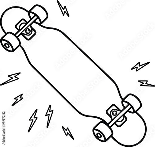 Longboard skateboard with lightning bolt icons, vector illustration in black and white line art style
