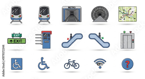 Collection of public transportation and accessibility icons.