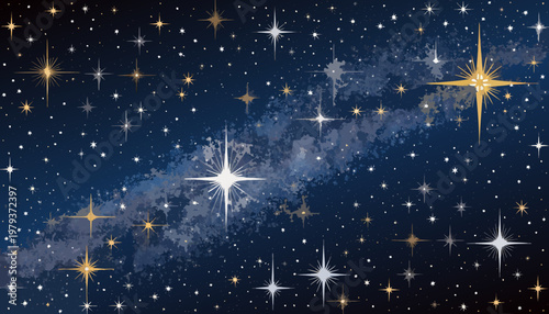 A vector graphic illustration of a starry night sky with a multitude of stars and a cloudy galaxy