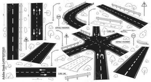 Collection of Road and Highway Illustrations with Arrows and Streetlights.