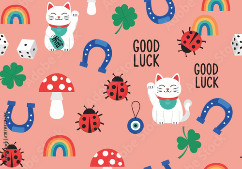 Seamless Pattern of Good Luck Symbols with Maneki-neko, Horseshoes, Clovers, and Ladybugs on Pink Background