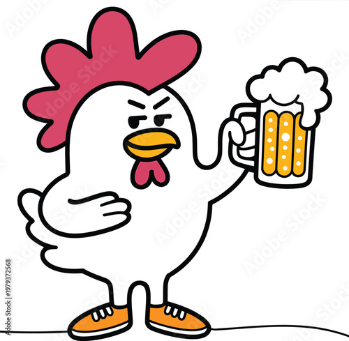 Cartoon chicken character holding a mug of beer