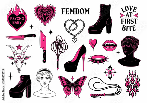 Pink and Black Goth Tattoo Flash Set: Y2K Aesthetic, Alternative Punk, and BDSM Inspired Illustrations with Hearts, Butterflies, and Edgy Symbols