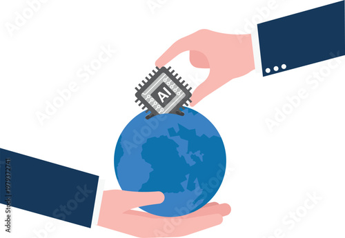 Big hand putting an AI chip into the earth globe