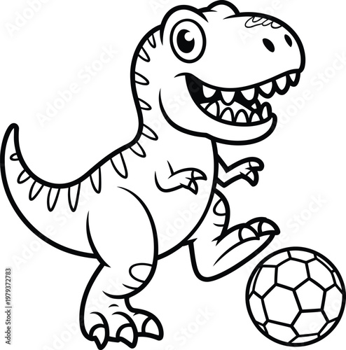 Cute cartoon trex dinosaur playing with a soccer ball, black and white outline illustration for coloring book