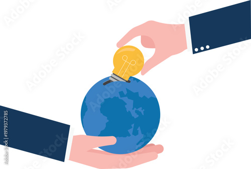 Big hand putting a lightbulb into the earth globe