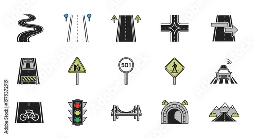 Collection of Road and Traffic Icons and Symbols.
