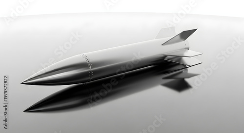 Futuristic Missile Reflection: A sleek, metallic missile glints with a modern design against a reflective surface, showcasing innovation and forward-thinking technology.