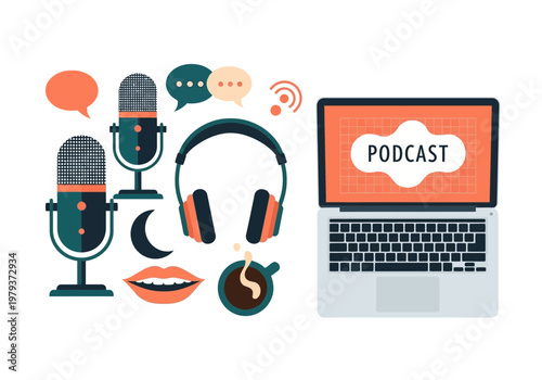 Modern Podcast Illustration Set with Laptop Microphones and Headphones. Flat Vector Graphic for Digital Media Audio Broadcasting and Content Creation Studio.
