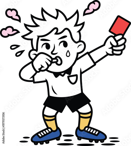 Cartoon illustration of a soccer referee blowing a whistle and showing a red card