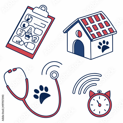 Doodle style pet health management and vet clinic symbols with well being