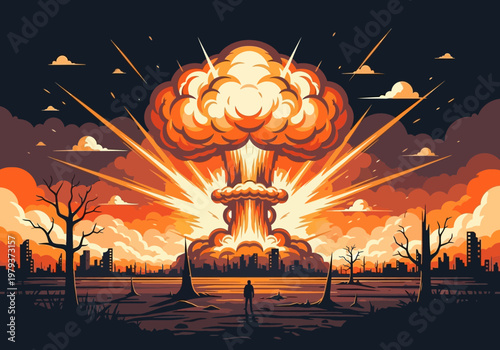 Post-Apocalyptic Nuclear Explosion Illustration with Mushroom Cloud over Destroyed City Skyline and a Lone Silhouette Figure
