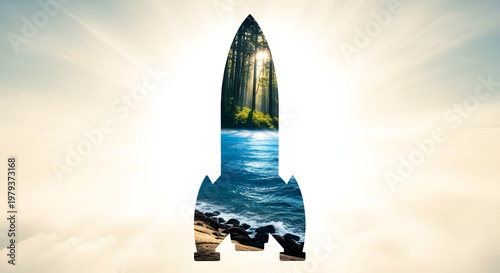 Visionary Voyage: A rocket silhouette, seamlessly blended with imagery of nature's beauty – a lush forest and tranquil ocean. This visual metaphor of ambition and potential. 