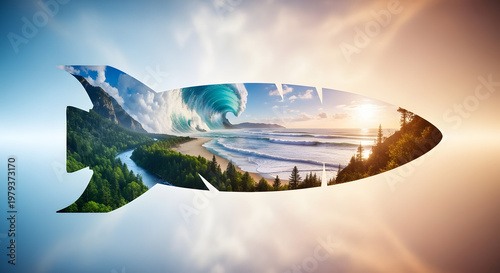 Rocket to Paradise: A scenic landscape encased within a rocket shape, soaring through a colorful sky, encapsulating the essence of travel, exploration, and the pursuit of new horizons.