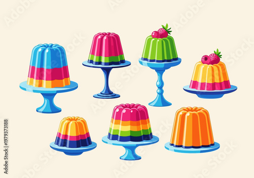 Vibrant Layered Jelly Pudding Collection - Set of Colorful Gelatin Desserts on Stands Illustration