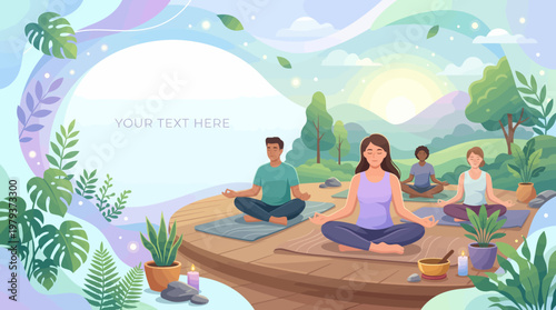 Diverse group of people meditating outdoors in a serene natural setting with lush greenery and mountains.