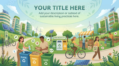 Sustainable green city illustration with people recycling, cycling, and shopping at a farmers' market, featuring eco-friendly buildings, solar panels, and wind turbines.