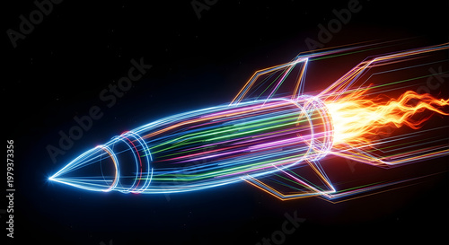 Soaring Visions: A futuristic rocket streaks across the void, leaving behind trails of vibrant light, signifying speed, technology, and boundless exploration.