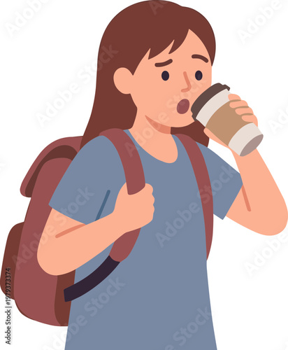 A young woman with a backpack drinks coffee on the go quickly outside.