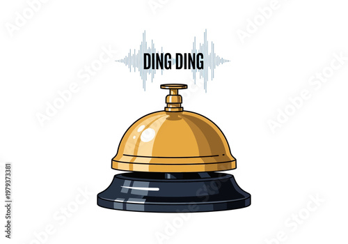 Classic Hotel Reception Service Bell Illustration with Sound Waves and Ding Ding Text Isolated on White Background