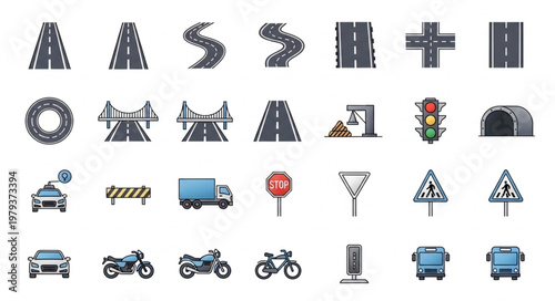 Collection of Road and Transportation Icons and Symbols.