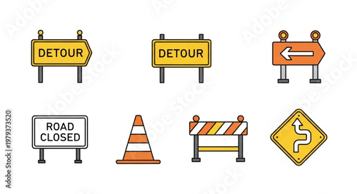 Collection of Road Construction and Traffic Signs.