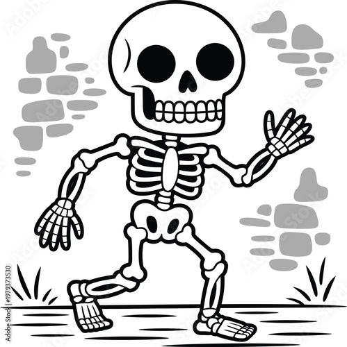 Cartoon skeleton walking, vector illustration of a funny bony character