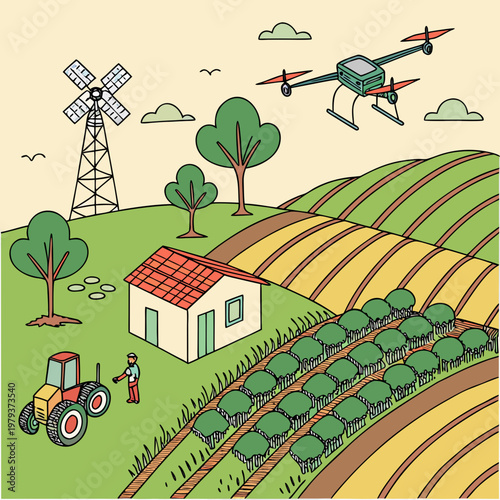 Smart farming concept illustration with drone farmer tractor windmill