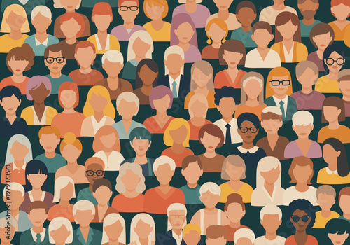 Diverse Crowd of People Avatars in a Flat Vector Style; Multi-ethnic Group Representing Community, Inclusion, and Global Population