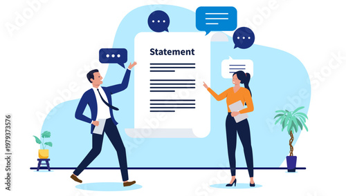 Professional business man and woman discussing a corporate statement document on a giant scroll with speech bubbles, colleagues collaborating on financial reports, flat design vector illustration