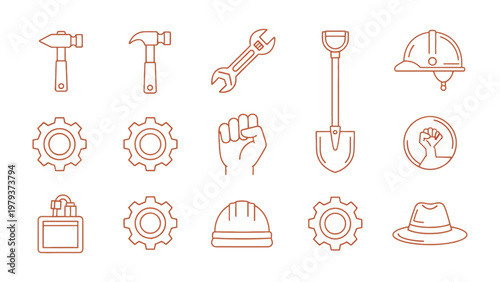 Labor Day Iconography: A series of labor day outline icons represent labor equipment, a labor fist, and a construction hat, each crafted with minimalist outline.