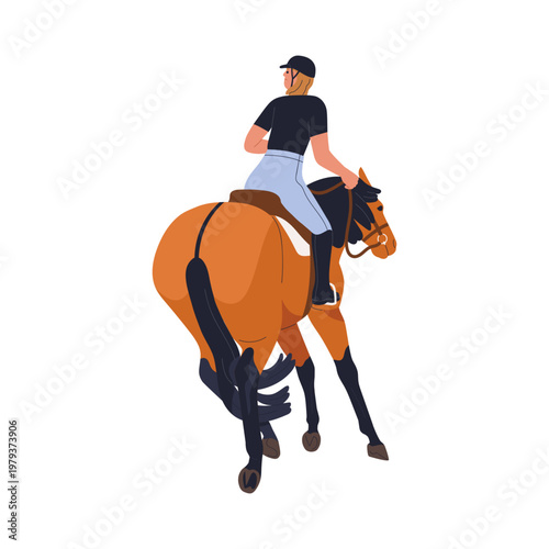 Riding scared afraid horse. Female equestrian controlling stallion in stress, fear. Frightened fearful animal escaping, back view, from behind. Flat vector illustration isolated on white background