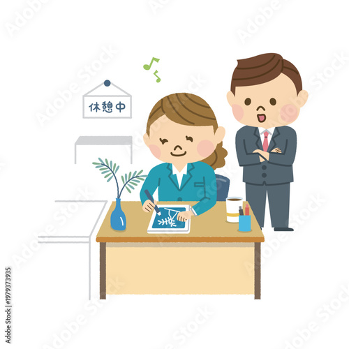 休憩中にタブレットをさわる女性